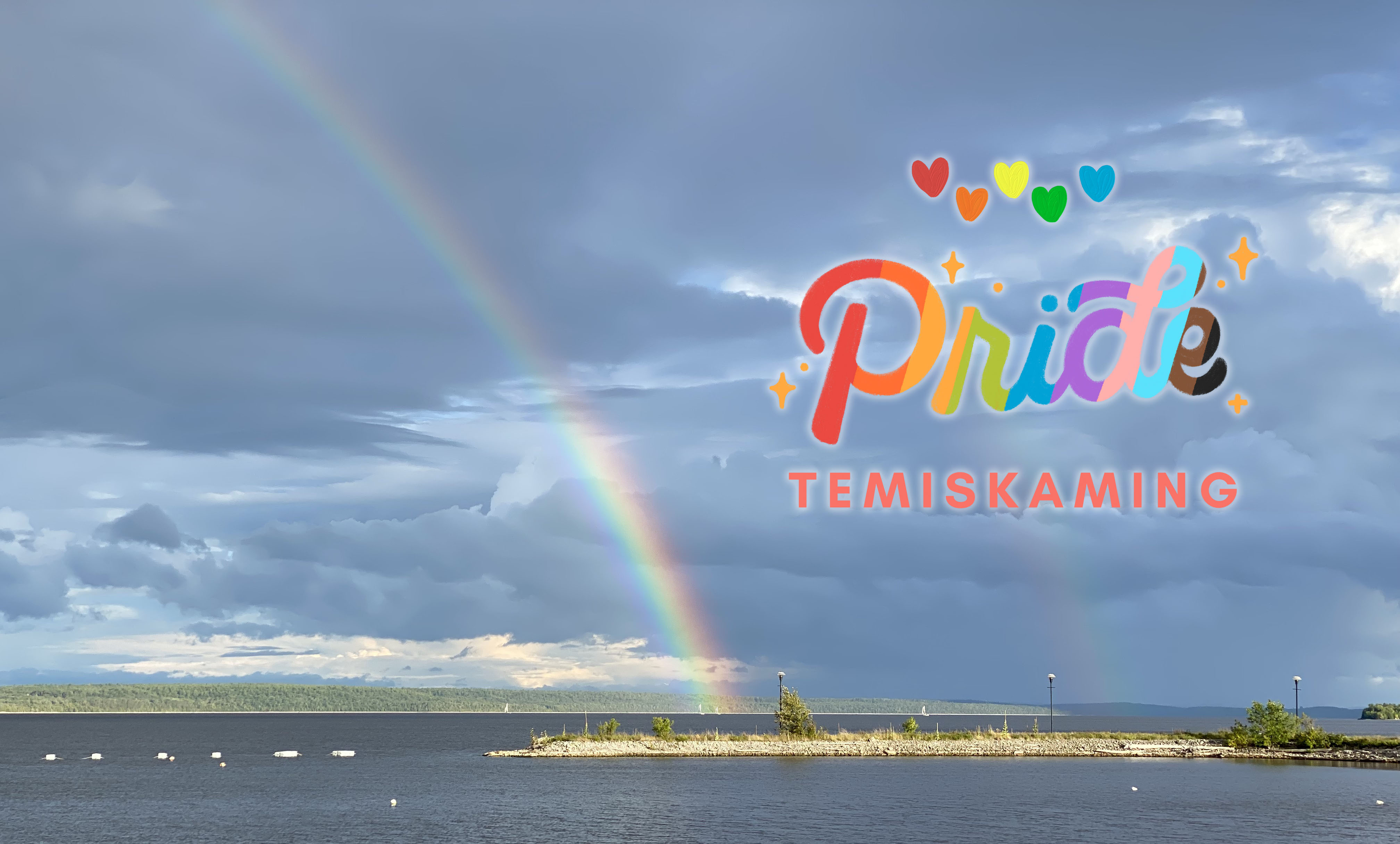 Lake Temiskaming with PRIDE Temiskaming logo overlaid